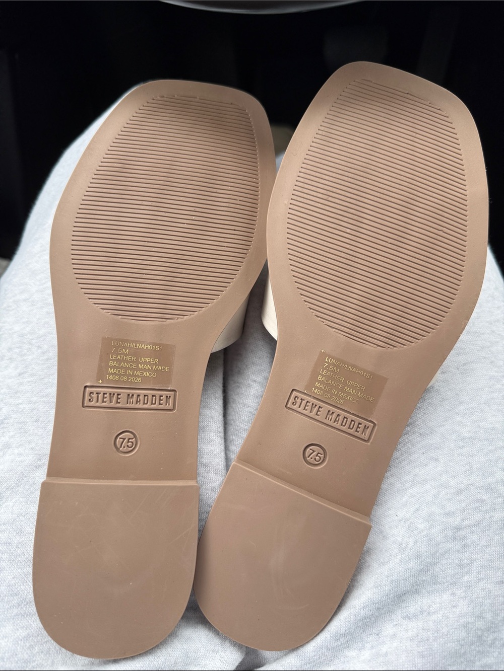 Steve Madden Cream Leather Slide Sandals with Tan Footbed - Picture 2 of 3